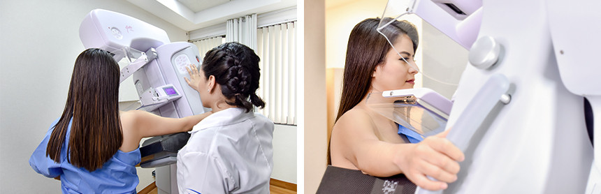Dos imágenes de una paciente realizándose una mastografía en Hospital Angeles Pedregal