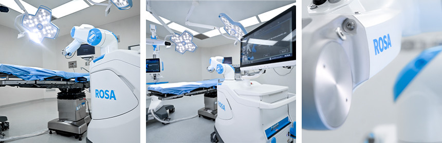 Asistente robótico ROSA para realizar prótesis de rodilla en Hospital Angeles Tijuana. Es de color blanco con azul