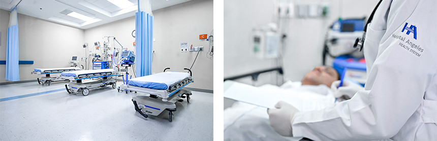 Dos fotos, en la primera vemos el área de urgencias con tres camillas y en la otra vemos un médico con bata de Hospital Angeles