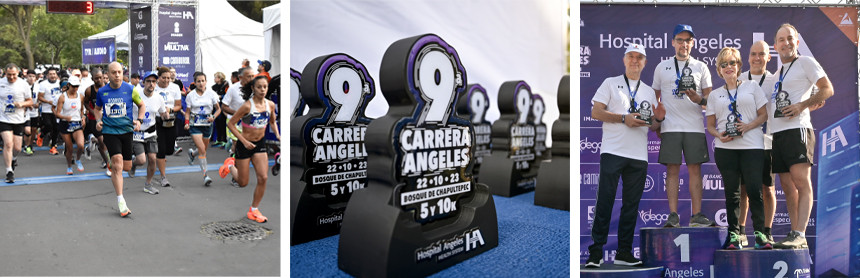 Participantes corriendo en la carrera Angeles, a lado hay 7 trofeos. En la última foto hay 5 personas en la premiación de la carrera