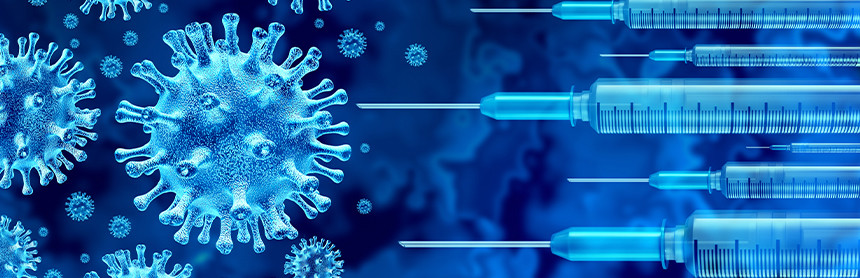 Ilustración 3D de vacunas contra el brote de virus de la influenza en color azul