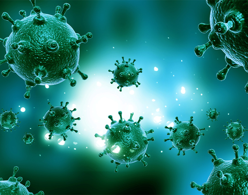 Ilustración 3D del virus de la influenza en color verde