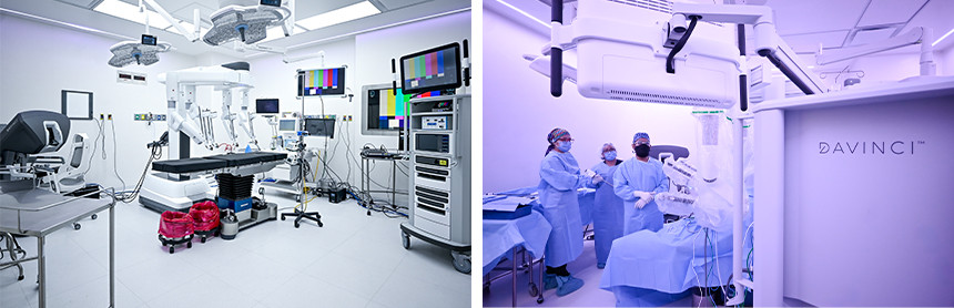 Dos fotos del robot quirúrgico Da Vinci de Hospital Angeles Lindavista de color blanco