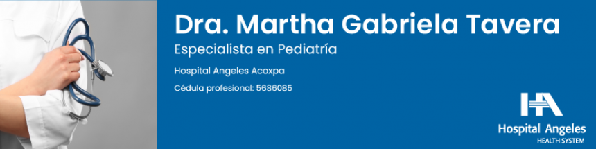 Foto recortada de una doctora vestida con bata blanca. A un lado hay un recuadro azul con el logo de Hospital Angeles