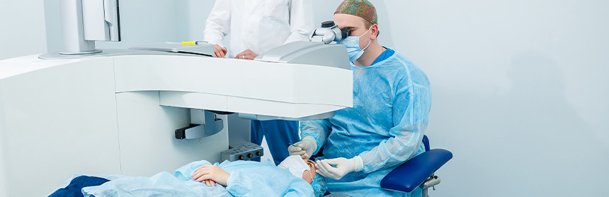 Médicos con pijamas azules para cirugía revisando los ojos de un paciente que está recostado