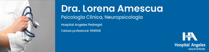 Foto de una doctora vestida con bata blanca. A un lado hay un recuadro azul con el logo de Hospital Angeles