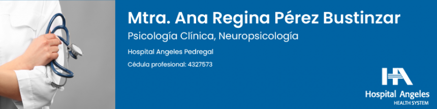 Foto de una doctora vestida con bata blanca. A un lado hay un recuadro azul con el logo de Hospital Angeles