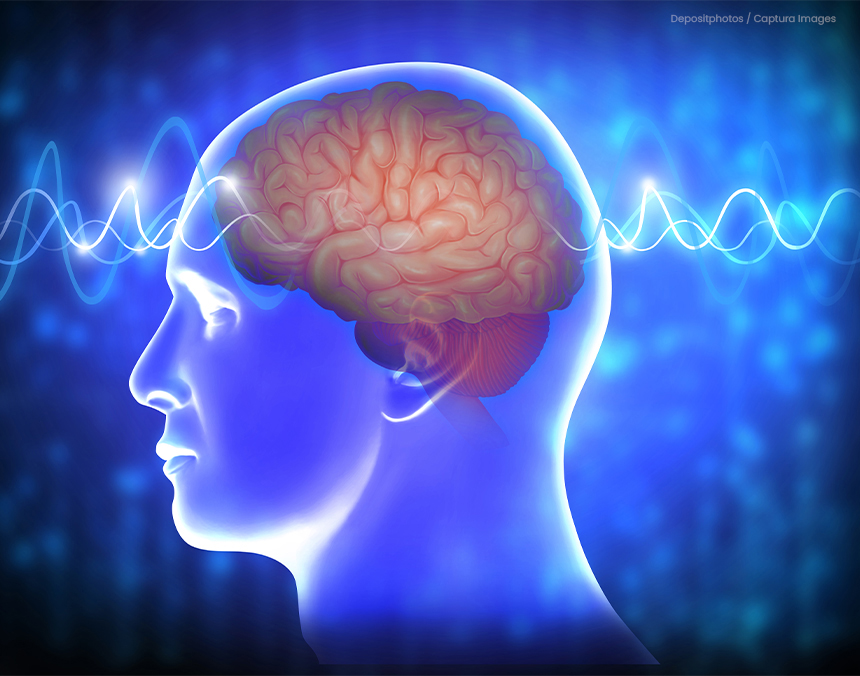 Ilustración de ondas cerebrales de color azul pasando a través del cerebro humano de color rosa
