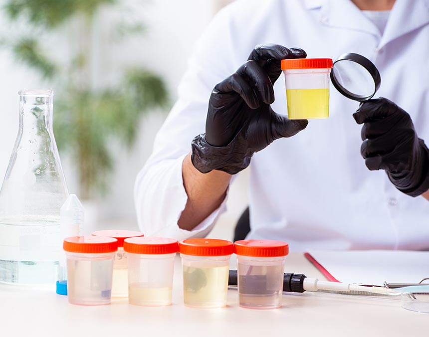 Cinco tomas de orina en recipiente transparente con tapa roja, medico observando con lupa un frasco y con guantes negros.