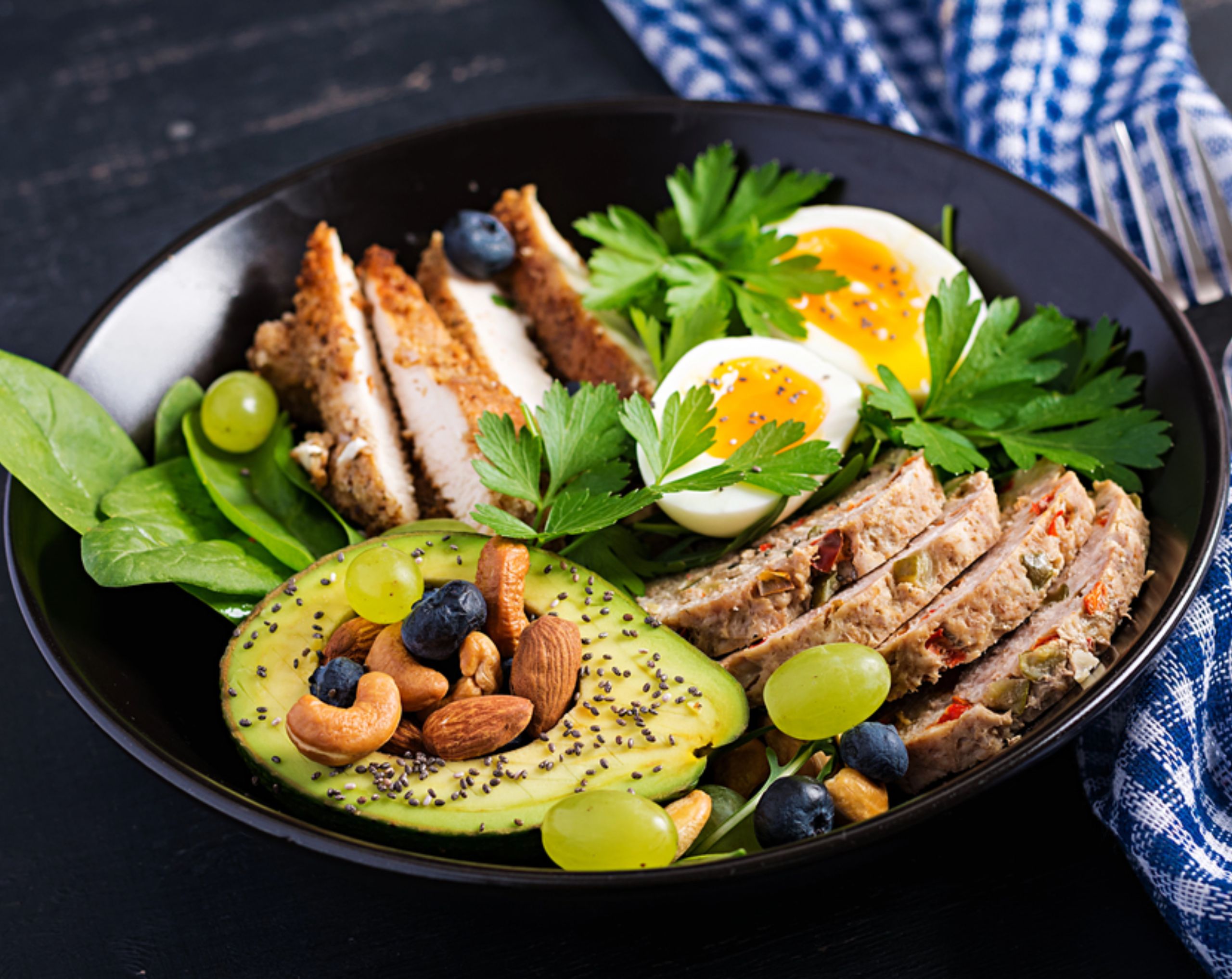 Plato con carne, huevo y aguacate, alimentos ricos en proteínas y grasas saludables típicos de la dieta keto.