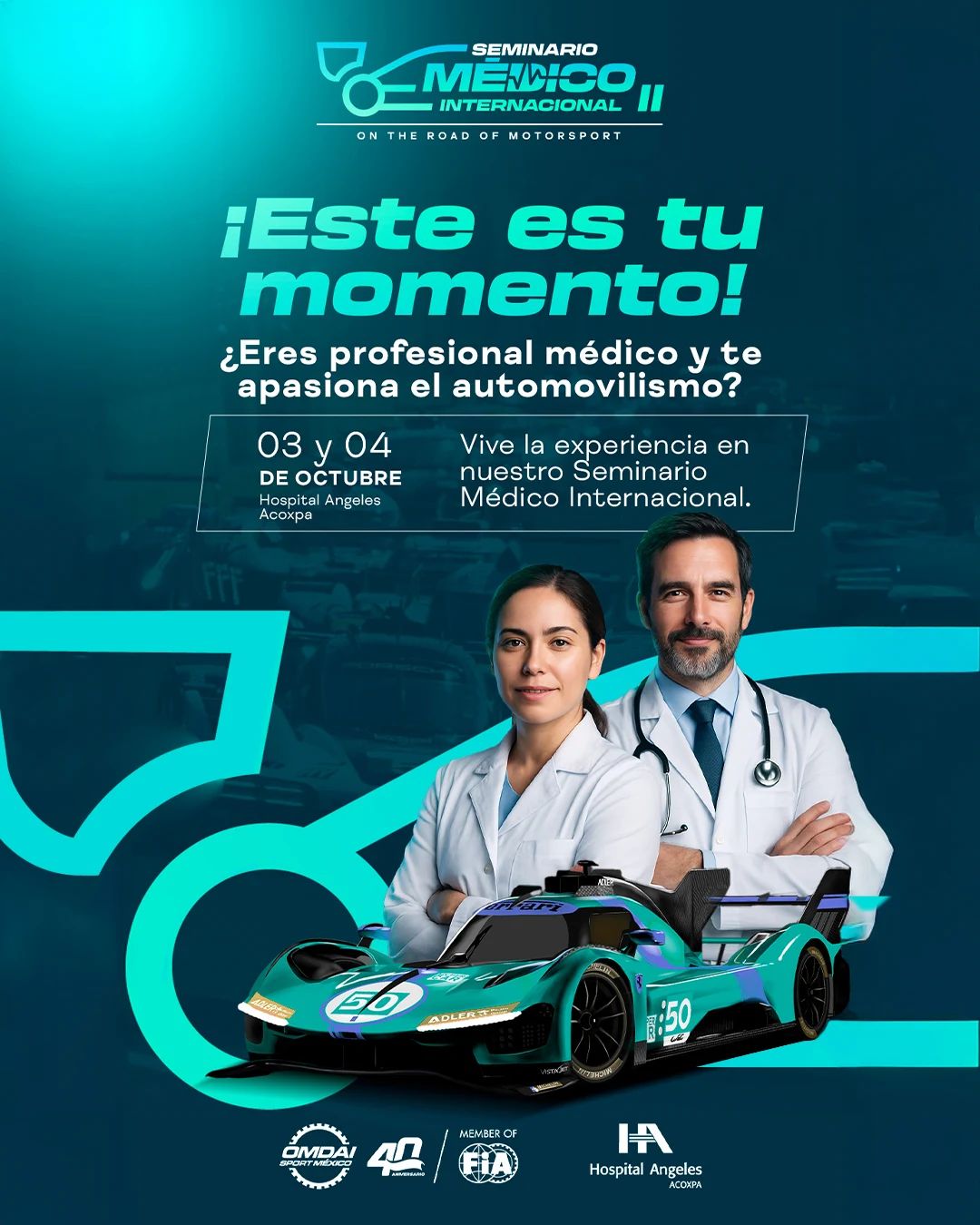 Invitación de Hospital Ángeles Acoxpa a médicos para participar en el Seminario de Medicina Deportiva relacionado con el Gran Premio de la Ciudad de México.