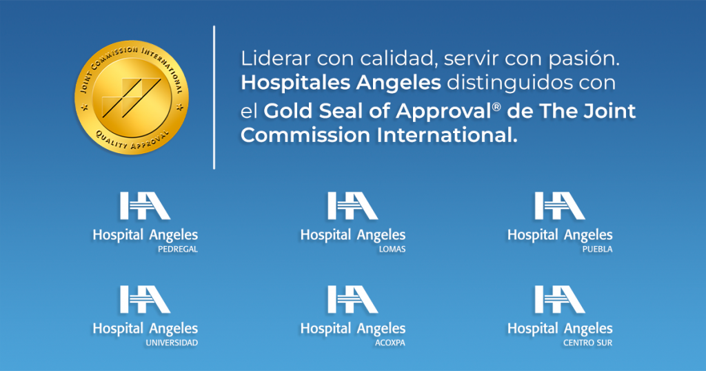 Fondo sólido azul con logotipo de Joint Commission International y los logos de los hospitales de Hospital Angeles acreditados por esta organización internacional. 