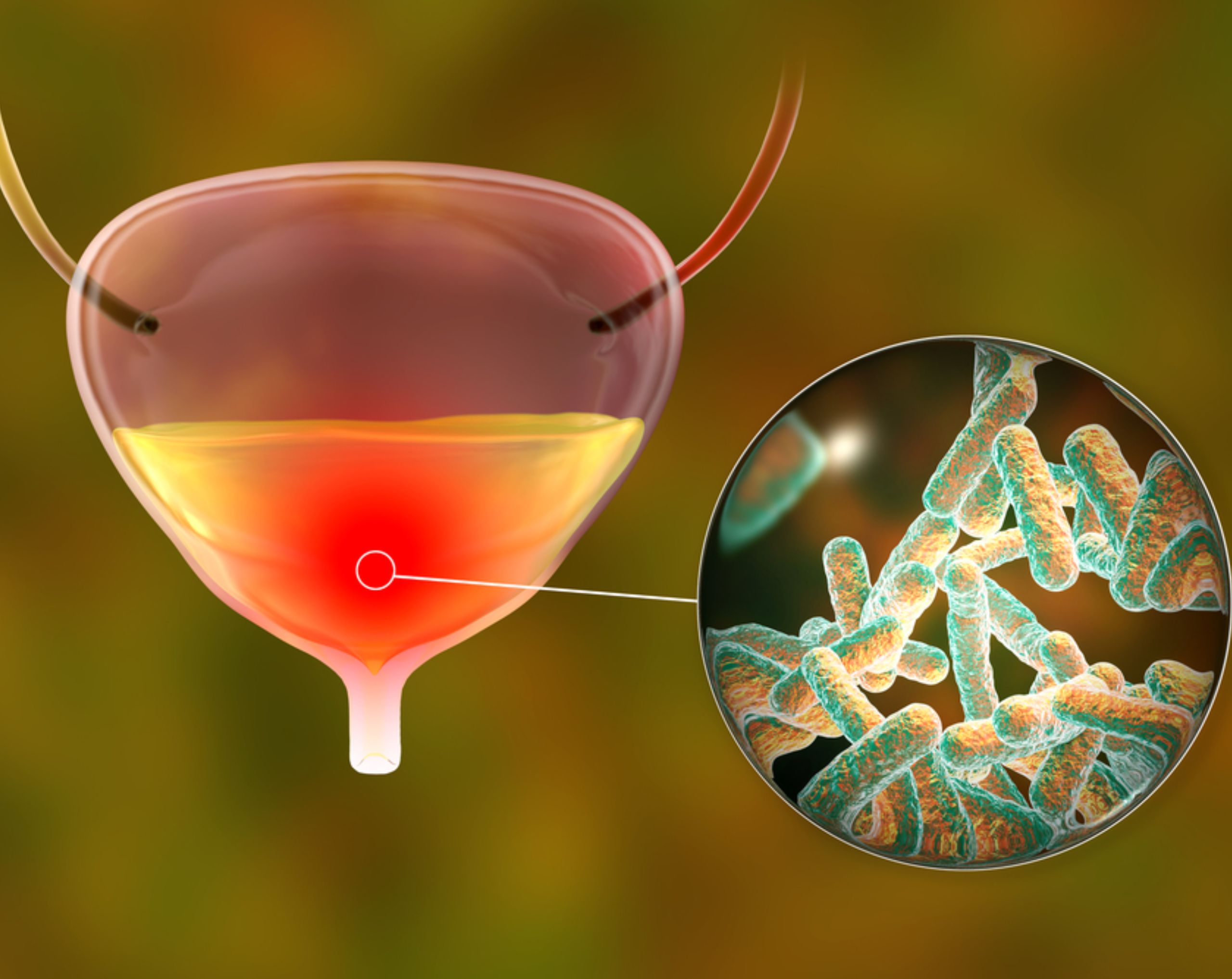 Ilustración de la anatomía de la vejiga junto a bacterias que pueden ocasionar cistitis. 